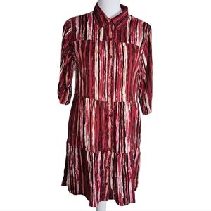 Millennium Burgundy Stripe Abstract Print Shirt Dress Sz Large Button Up Pockets